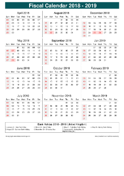 Fiscal Calendar Vertical Week Underline With Month Split Sun Sat Holiday Uk Portrait 2018 2019