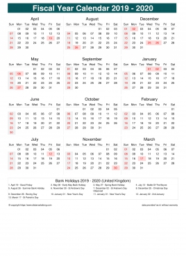 Fiscal Calendar Vertical Week Underline With Month Split Sun Sat Holiday Uk Portrait 2019 2020