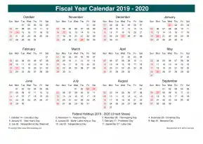 Fiscal Calendar Vertical Week Underline With Month Split Sun Sat Holiday Us Cool Blue Landscape 2019 2020