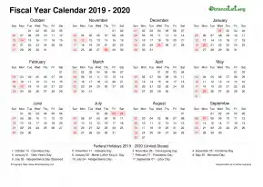 Fiscal Calendar Vertical Week Underline With Month Split Sun Sat Holiday Us Landscape 2019 2020