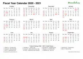 Fiscal Calendar Vertical Week Underline With Month Split Sun Sat Holiday Us Landscape 2020 2021