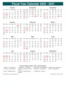 Fiscal Calendar Vertical Week Underline With Month Split Sun Sat Holiday Us Portrait 2020 2021