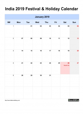 India Holiday Calendar 2019 One Month Per Page Mon To Sun Greay Week Day With Weekno