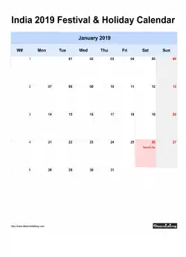 India Holiday Calendar 2019 One Month Per Page Mon To Sun Greay Week Day With Weekno
