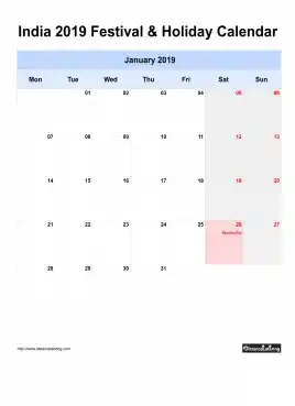 India Holiday Calendar 2019 One Month Per Page Mon To Sun Greay Week Day