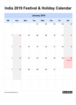 India Holiday Calendar 2019 One Month Per Page Sun To Sat Greay Week Day With Weekno
