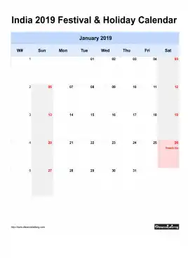 India Holiday Calendar 2019 One Month Per Page Sun To Sat Greay Week Day With Weekno