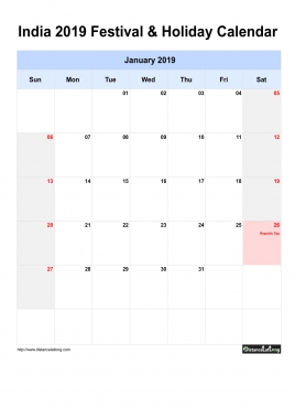 India Holiday Calendar 2019 One Month Per Page Sun To Sat Greay Week Day