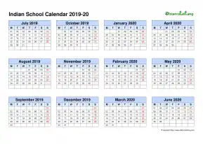 Indian School Calendar Four Col July Jun 2019 20