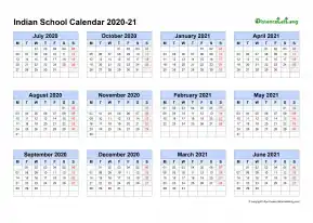 Indian School Calendar Four Col July Jun 2020 21