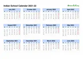 Indian School Calendar Four Col July Jun 2021 22