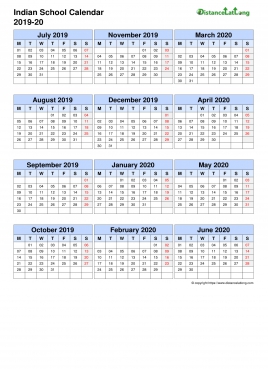 Indian School Calendar Three Col July Jun 2019 20