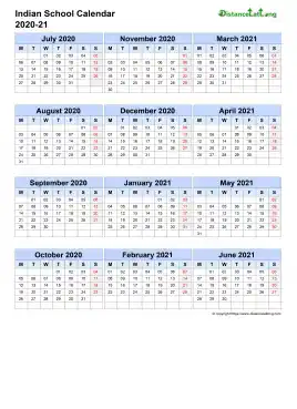 Indian School Calendar Three Col July Jun 2020 21
