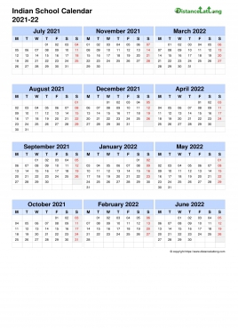 Indian School Calendar Three Col July Jun 2021 22