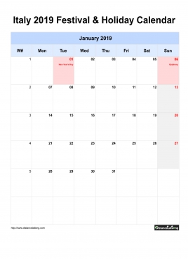 Italy Holiday Calendar 2019 One Month Per Page Mon To Sun Greay Week Day With Weekno