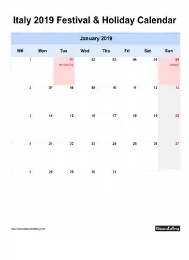 Italy Holiday Calendar 2019 One Month Per Page Mon To Sun Greay Week Day With Weekno