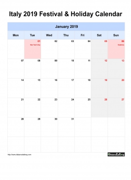 Italy Holiday Calendar 2019 One Month Per Page Mon To Sun Greay Week Day