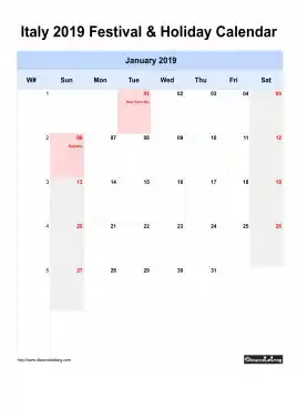 Italy Holiday Calendar 2019 One Month Per Page Sun To Sat Greay Week Day With Weekno