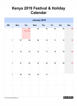 Kenya Holiday Calendar 2019 One Month Per Page Mon To Sun Greay Week Day With Weekno