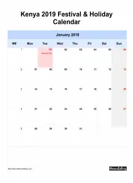Kenya Holiday Calendar 2019 One Month Per Page Mon To Sun Greay Week Day With Weekno