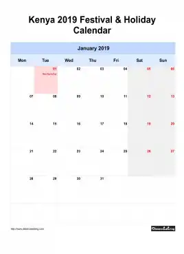 Kenya Holiday Calendar 2019 One Month Per Page Mon To Sun Greay Week Day