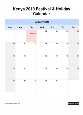 Kenya Holiday Calendar 2019 One Month Per Page Sun To Sat Greay Week Day