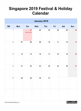 Singapore Holiday Calendar 2019 One Month Per Page Mon To Sun Greay Week Day With Weekno