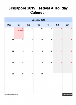 Singapore Holiday Calendar 2019 One Month Per Page Mon To Sun Greay Week Day