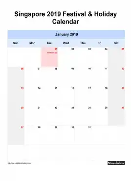 Singapore Holiday Calendar 2019 One Month Per Page Sun To Sat Greay Week Day