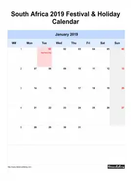 South Africa Holiday Calendar 2019 One Month Per Page Mon To Sun Greay Week Day With Weekno