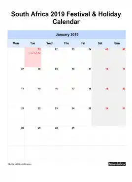 South Africa Holiday Calendar 2019 One Month Per Page Mon To Sun Greay Week Day