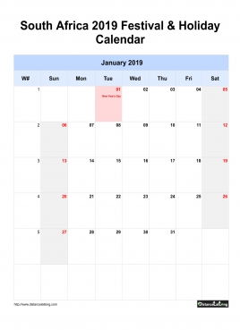 South Africa Holiday Calendar 2019 One Month Per Page Sun To Sat Greay Week Day With Weekno