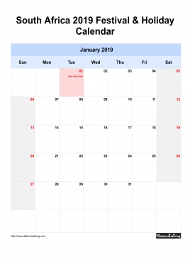 South Africa Holiday Calendar 2019 One Month Per Page Sun To Sat Greay Week Day