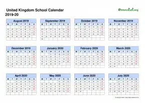 Uk School Calendar Four Col Aug July 2019 20