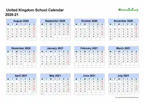 Uk School Calendar Four Col Aug July 2020 21