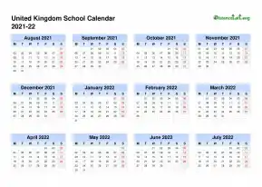 Uk School Calendar Four Col Aug July 2021 22