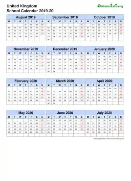 Uk School Calendar Three Col Aug July 2019 20