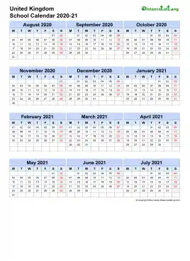 Uk School Calendar Three Col Aug July 2020 21