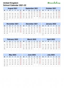 Uk School Calendar Three Col Aug July 2021 22