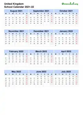 Uk School Calendar Three Col Aug July 2021 22