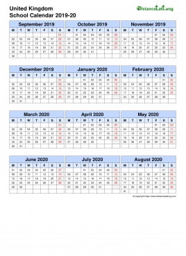 Uk School Calendar Three Col Sep Aug 2019 20