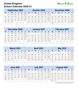 Uk School Calendar Three Col Sep Aug 2020 21