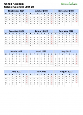 Uk School Calendar Three Col Sep Aug 2021 22