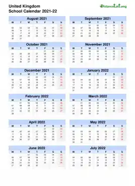 Uk School Calendar Two Col Aug July 2021 22