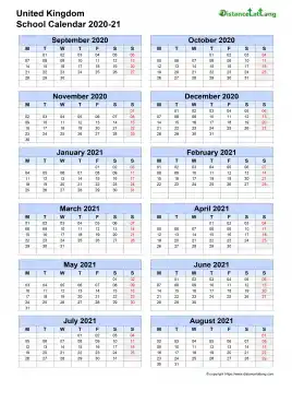 Uk School Calendar Two Col Sep Aug 2020 21