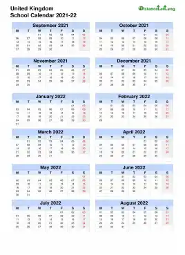 Uk School Calendar Two Col Sep Aug 2021 22