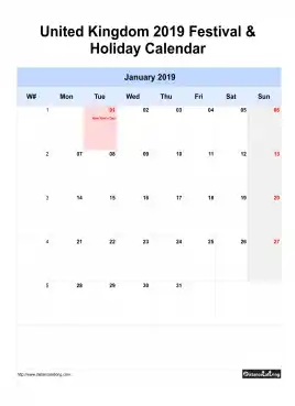 United Kingdom Holiday Calendar 2019 One Month Per Page Mon To Sun Greay Week Day With Weekno