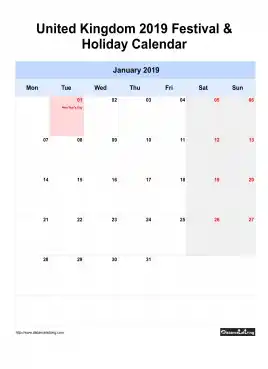 United Kingdom Holiday Calendar 2019 One Month Per Page Mon To Sun Greay Week Day