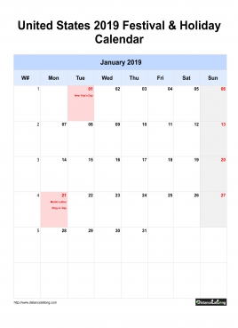 United States Holiday Calendar 2019 One Month Per Page Mon To Sun Greay Week Day With Weekno