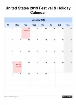 United States Holiday Calendar 2019 One Month Per Page Mon To Sun Greay Week Day With Weekno